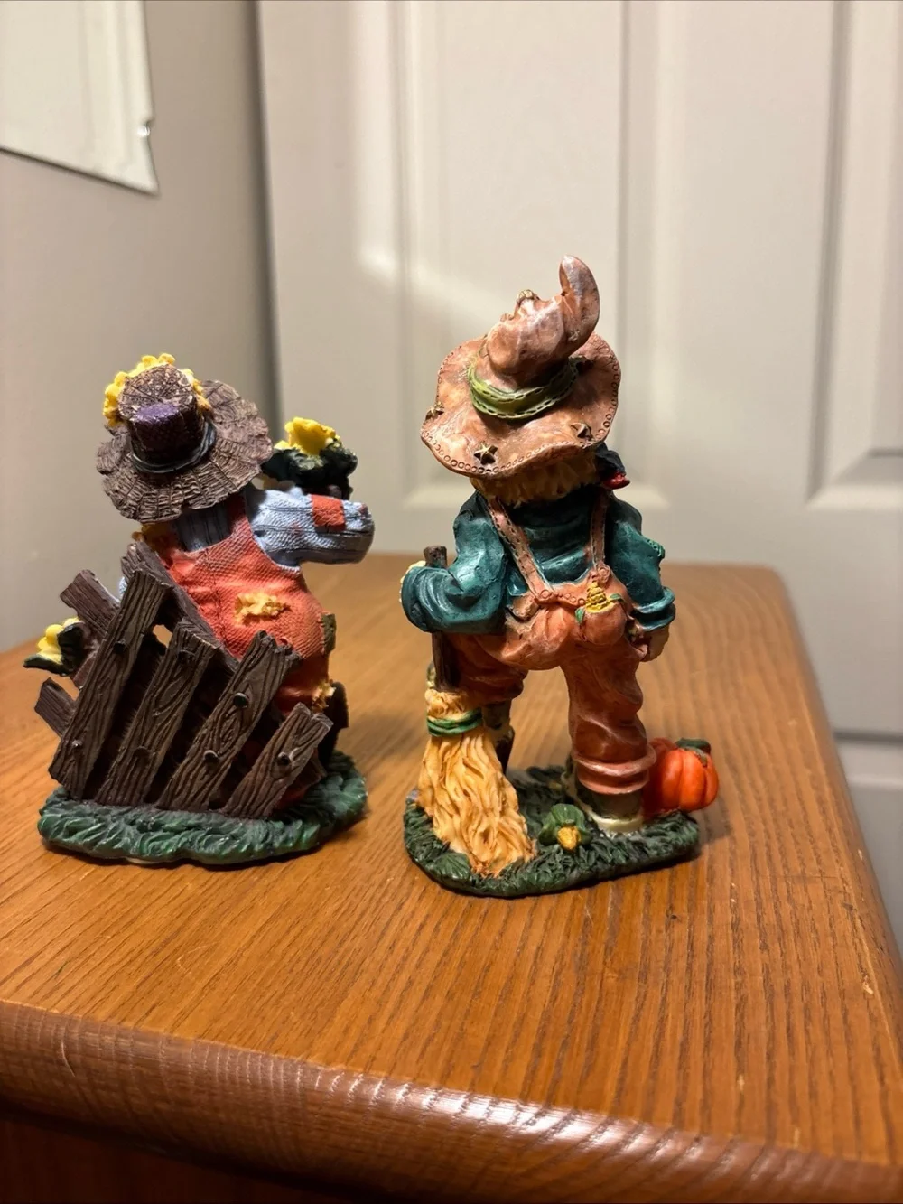 Autumn Scarecrow Figurine Pair - Orange & Green Fall Decor